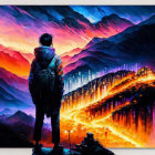 Person standing in front of vibrant abstract cityscape and mountains under colorful sky