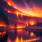 Raging forest fire illuminates tranquil lake at night