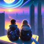 Children admiring futuristic cityscape with giant moon and shooting stars