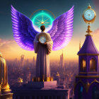 Purple-winged figure in front of large clock and sunset cityscape with floating ornate clocks.