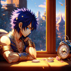 Animated character with pink and blue hair sitting by a window at dusk with tea and clock at 11