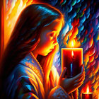 Young girl in blue robe holding candle in vibrant fiery backdrop