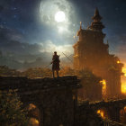 Character on ancient ruins under large moon in mystical fantasy setting