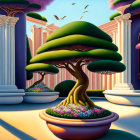 Surreal illustration of stylized bonsai tree in terracotta pot amid pink blossoming trees