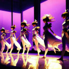 Female animated characters in white dresses on purple backdrop with stars