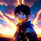 Anime character with black hair in sunset field with dramatic sky