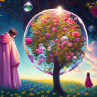 Cloaked figure gazes at bubble-encased tree with child in vibrant landscape