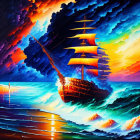 Colorful painting of sailing ship in turbulent seas with dramatic sky