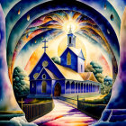 Illustration of glowing cross in surreal church scene