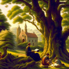 People reading books under lush tree with church and houses in serene background.