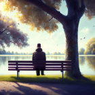 Person sitting on park bench by tranquil lake with falling autumn leaves