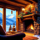 Snowy Mountain Cabin Interior with Fireplace & Festive Decor