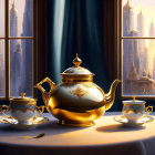 Golden teapot, sugar bowl, and cup set on table with city view at dusk