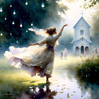 Serene angelic figure in white gown near small church on sunlit meadow