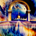 Vibrant surreal painting: figure in boat near fantastical gate and domed structure reflected in water