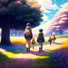 Four Individuals Walking Along Blossoming Tree-Lined Path at Sunset