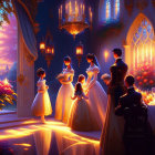 Formal indoor gathering with banquet table, flowers, and chandeliers at sunset