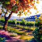 Scenic watercolor of lush vineyard landscape