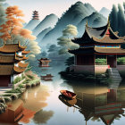 Serene Asian riverside landscape with traditional architecture, boat, person in traditional attire, lush trees,