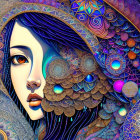 Colorful Artwork: Woman's Face with Architecture and Cosmic Patterns