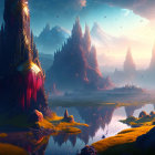 Majestic rock formations and waterfalls in serene fantasy landscape