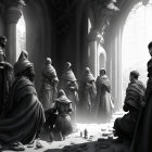 Monochromatic artwork of diverse group in historical attire conversing in ornate hall