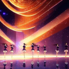 Ethereal ballerinas on stage with cosmic backdrop and golden spirals