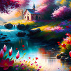 Colorful Impressionistic Painting of Church by Stream