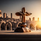 Wooden balance toy on desk with historical cityscape and bridge at sunset