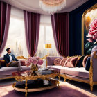 Man lounging in opulent room with city view & artistic decor