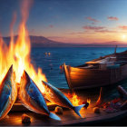 Fish cooking on open fire on wooden dock at sea sunset