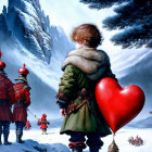 Boy holding heart balloon, soldiers in snowy landscape