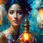 Serene woman portrait with blue flowers and lanterns