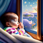 Peaceful baby sleeping near window under starry night sky and blooming trees.