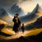 Parent and child walk in mountain landscape with warm sun glow