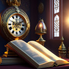 Golden clock, candle, open book on dark backdrop signify classical elegance.