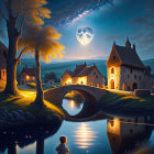 Nighttime river scene with full moon, quaint houses, stone bridge, and starry sky