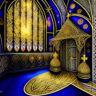 Intricate golden window and starry ceiling in digital art