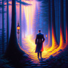 Enchanted forest scene with cloaked figure on cobblestone path