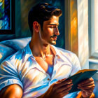 Vibrant colors in painting of man reading by window