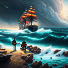 Musicians playing guitars on wooden pier with ocean scene and sailing ship in stormy sky