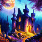 Mystical forest with old castle under full moon