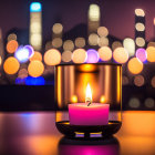 Candle in holder with cityscape and bokeh lights.