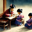Three children in traditional East Asian attire studying by open window