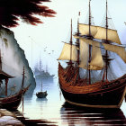 Harbor scene with vintage sailing ships and cliffs