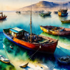 Vibrant fishing boats on calm waters under hazy sky