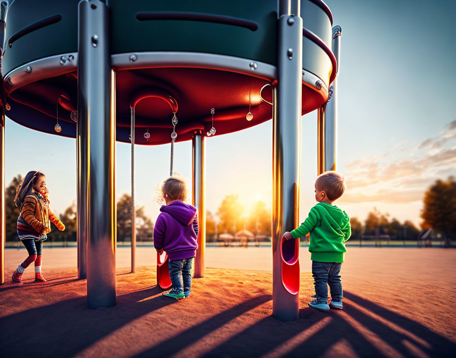 Children watching sunset near playground structure