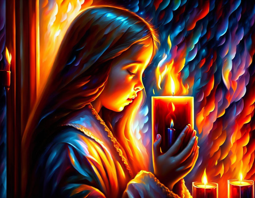 Young girl in blue robe holding candle in vibrant fiery backdrop