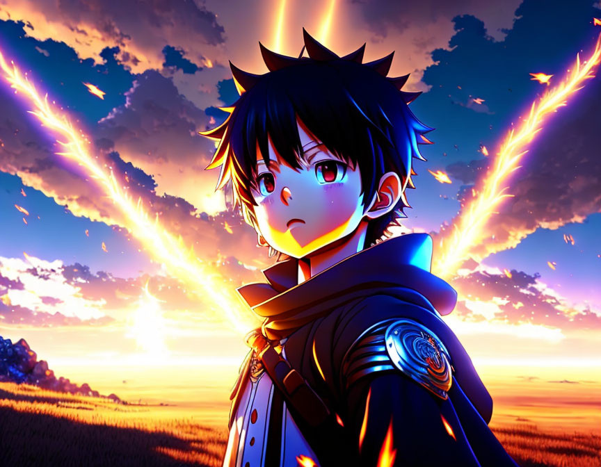 Anime character with black hair in sunset field with dramatic sky