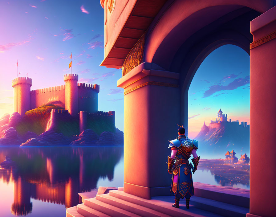 Knight in Blue Armor Gazing at Castle Across Lake at Sunset